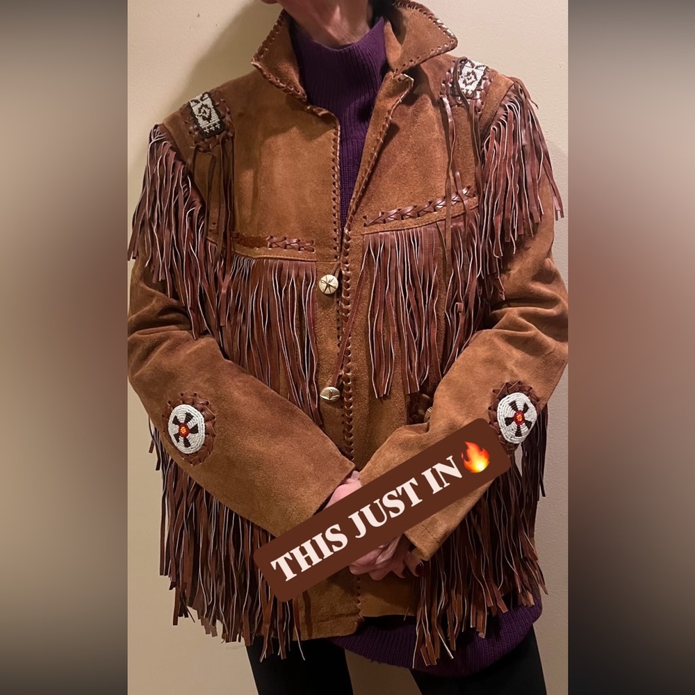 Brown Suede Fringe Jacket with Beaded Accents